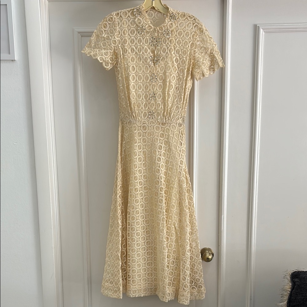 70s Vintage Cream Lace Dress with Satin Slip Rhinestone Detail Small - Picture 2 of 10